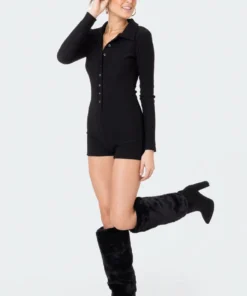 S11456_BLACK Jumpsuits & Rompers Kelsy Ribbed Romper