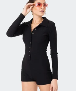 S11456_BLACK Jumpsuits & Rompers Kelsy Ribbed Romper