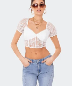 S11871_WHITE Tops Lace Tie-Back Top