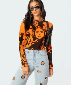 S11755_orange Tops Girl Gang Printed T-Shirt