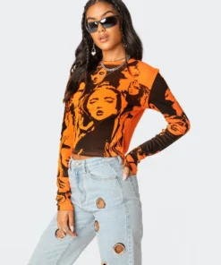 S11755_orange Tops Girl Gang Printed T-Shirt