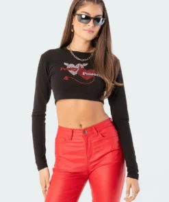 S11761_black Poison Rhinestone Crop Top Tops