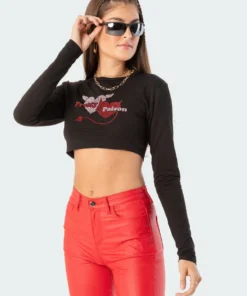 S11761_black Poison Rhinestone Crop Top Tops