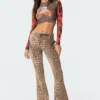 S11739_brown Pants Leopard Lace-Up Flared Jeans