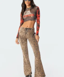 S11739_brown Pants Leopard Lace-Up Flared Jeans