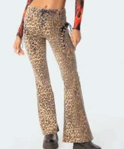 S11739_brown Pants Leopard Lace-Up Flared Jeans