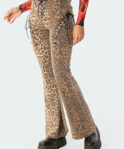 S11739_brown Pants Leopard Lace-Up Flared Jeans