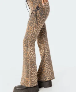 S11739_brown Pants Leopard Lace-Up Flared Jeans