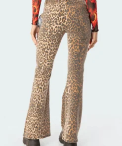 S11739_brown Pants Leopard Lace-Up Flared Jeans