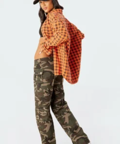 S11725_mix Tops Oversized Plaid Denim Shirt