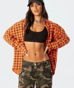 S11725_mix Tops Oversized Plaid Denim Shirt