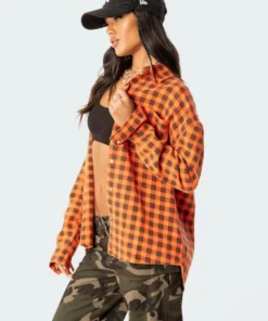 S11725_mix Tops Oversized Plaid Denim Shirt