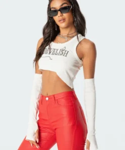 S11733_white Asymmetric Rhinestone Sleeve Top