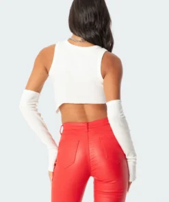 S11733_white Asymmetric Rhinestone Sleeve Top