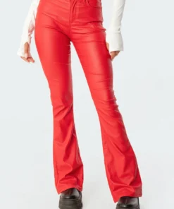 1031_red New In Luna Faux Leather Flare Jeans