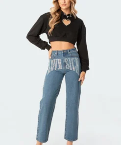 S11729_black Diamond Heart Cropped Hoodie Tops