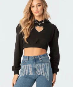 S11729_black Diamond Heart Cropped Hoodie Tops