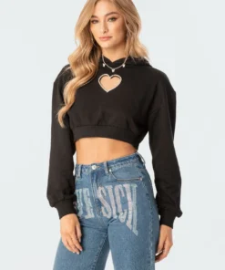 S11729_black Diamond Heart Cropped Hoodie Tops