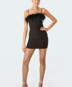 S11720_black Dresses Betsie Faux Feather Mini Dress