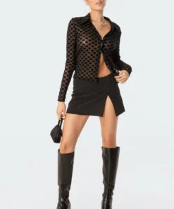 S11731_black Tops Velvet Square Mesh Shirt
