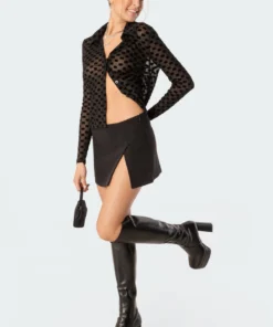 S11731_black Tops Velvet Square Mesh Shirt