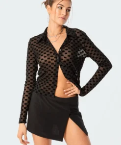 S11731_black Tops Velvet Square Mesh Shirt