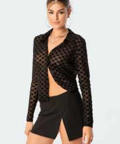 S11731_black Tops Velvet Square Mesh Shirt