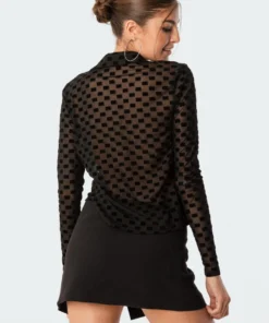 S11731_black Tops Velvet Square Mesh Shirt