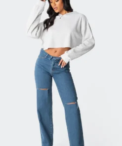 S11766_gray-melange Waffle Oversized Cropped Hoodie