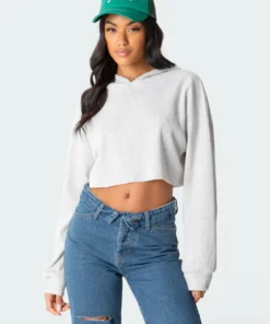 S11766_gray-melange Waffle Oversized Cropped Hoodie