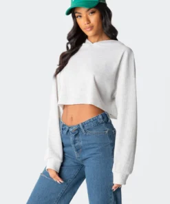 S11766_gray-melange Waffle Oversized Cropped Hoodie