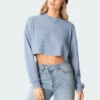 S11766_blue-melange Waffle Oversized Cropped Hoodie Tops