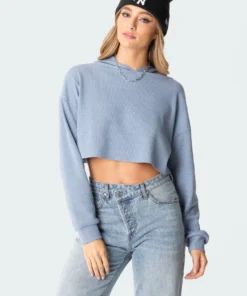 S11766_blue-melange Waffle Oversized Cropped Hoodie Tops