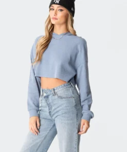 S11766_blue-melange Waffle Oversized Cropped Hoodie Tops