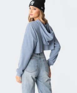 S11766_blue-melange Waffle Oversized Cropped Hoodie Tops