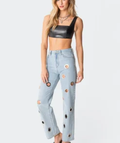 3009_black Midnight Faux Leather Crop Top Tops