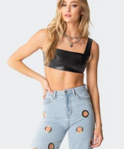 3009_black Midnight Faux Leather Crop Top Tops