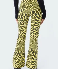 S11821_yellow Pants Trippy Check Flared Jeans