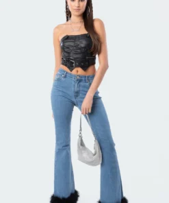 S11851_black Ace Pu Corset Top Tops