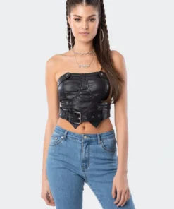 S11851_black Ace Pu Corset Top Tops