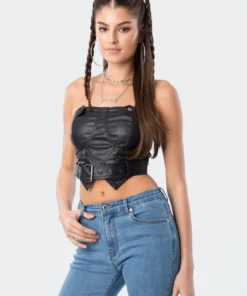 S11851_black Ace Pu Corset Top Tops