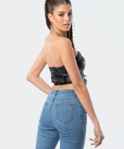 S11851_black Ace Pu Corset Top Tops