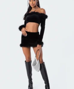 S11855_black Nicola Velvet Faux Fur Mini Skirt Skirts