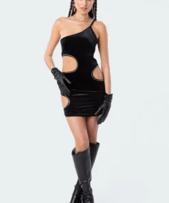 S11835_black Dresses One Shoulder Velvet Cut-Out Dress