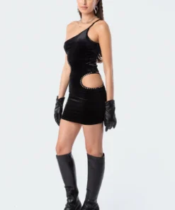 S11835_black Dresses One Shoulder Velvet Cut-Out Dress