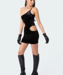 S11835_black Dresses One Shoulder Velvet Cut-Out Dress