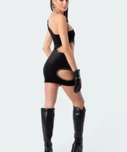 S11835_black Dresses One Shoulder Velvet Cut-Out Dress