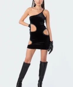 S11835_black Dresses One Shoulder Velvet Cut-Out Dress