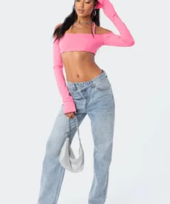 2004_pink Tops Aliyah Off Shoulder Crop Top
