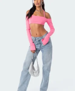 2004_pink Tops Aliyah Off Shoulder Crop Top